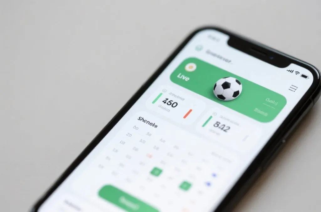 A close-up of a modern smartphone displaying a clean sports interface with live statistics, match schedules, and a simple soccer ball graphic, neutral background